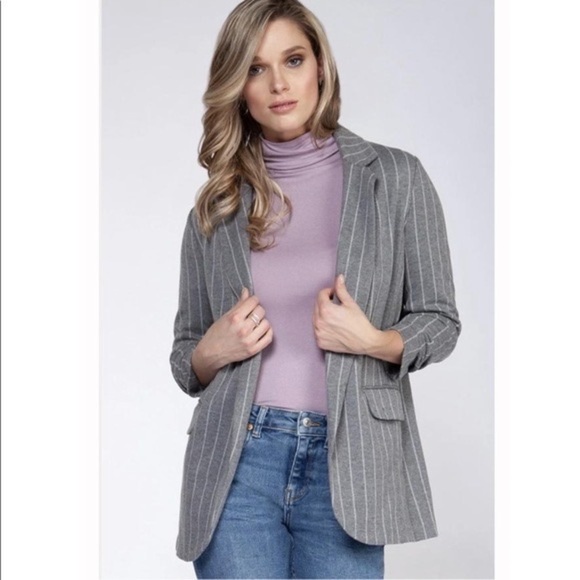 Black Tape Open Front Ruched Sleeve Gray White Stripe 2 pocket Blazer Woman XLP - Picture 1 of 15